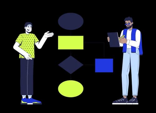 Two people mapping out a schema flow diagram of nested content types