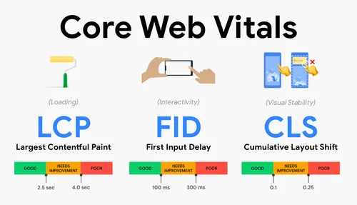 The three Core Web Vitals — LCP, FID and CLS — with the thresholds Google grades each one against