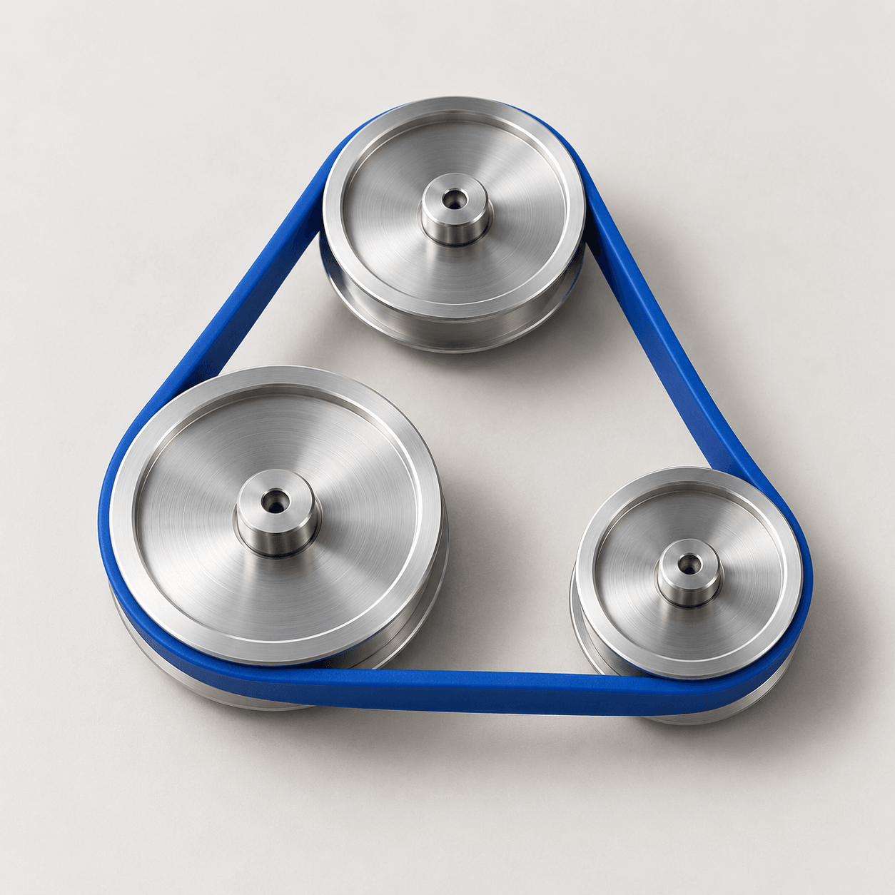 Three steel pulleys of different sizes turning together on a single blue belt