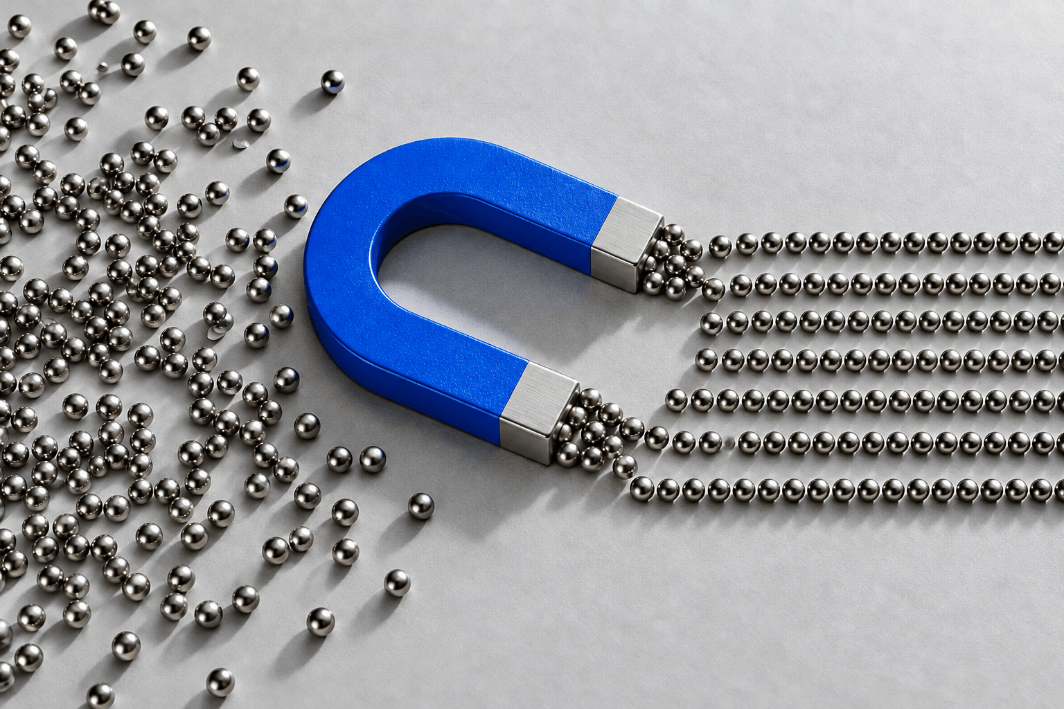 A vivid blue magnet brings scattered steel spheres into precise rows