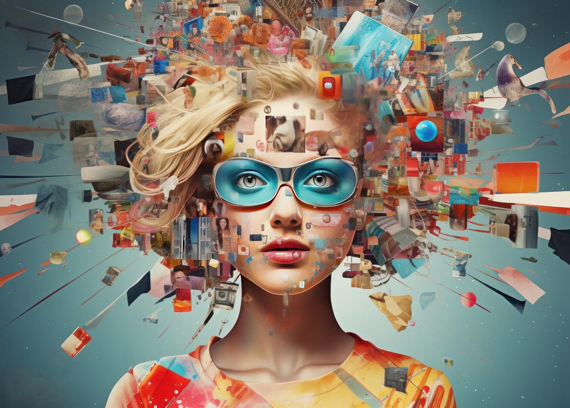 Portrait collage with colourful media fragments bursting outward