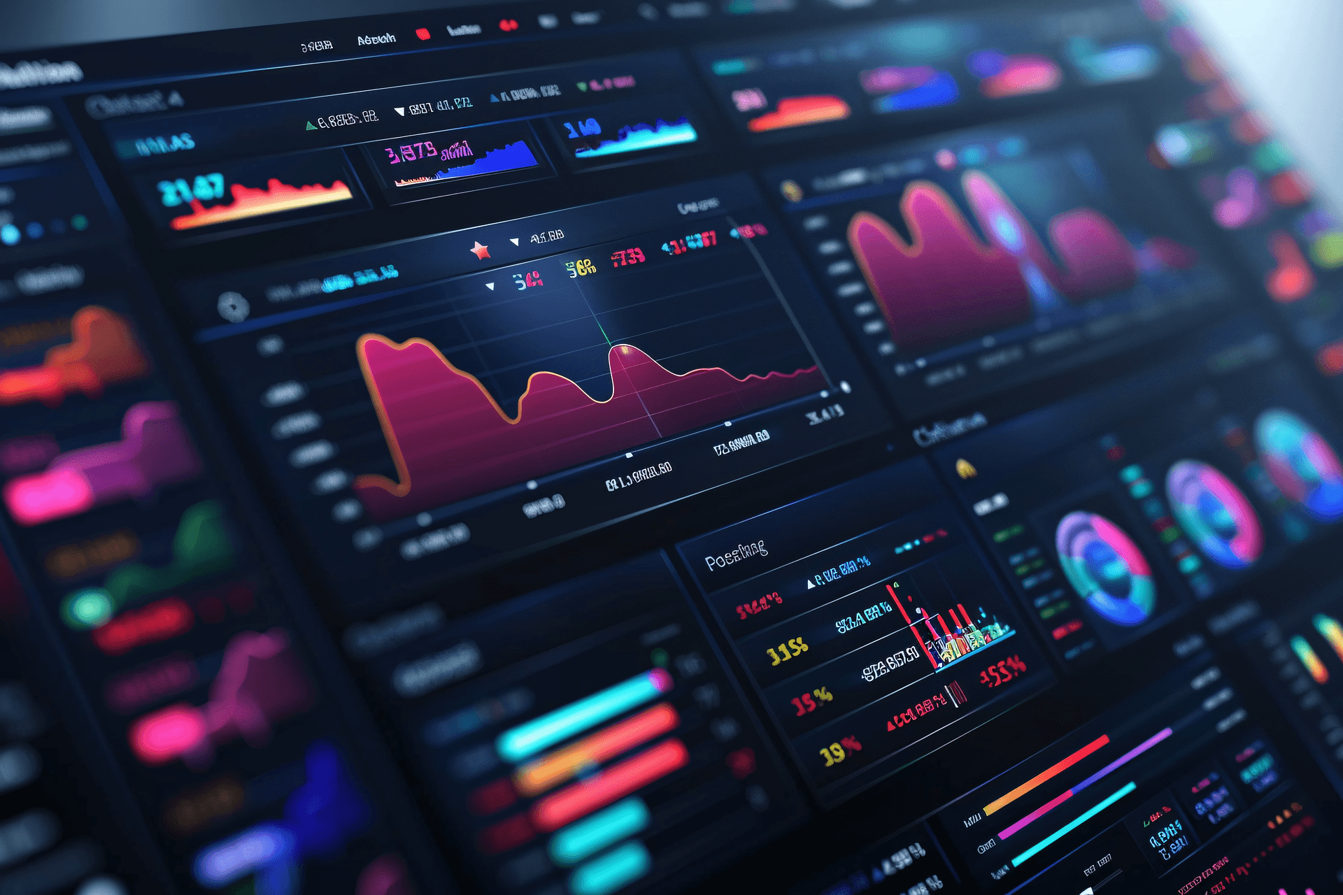 Close-up of a dark software dashboard with analytics charts